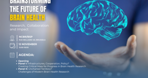 Stylized glowing brain illustration in a digital hand promoting a seminar on brain health research and innovation.