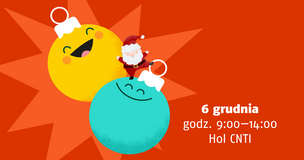 grafika ozdobna: dwie kolorowe bombki na jednolitym tle, na jednej z nich stoi mały św. Mikołaj, po prawej stronie data oraz godzina