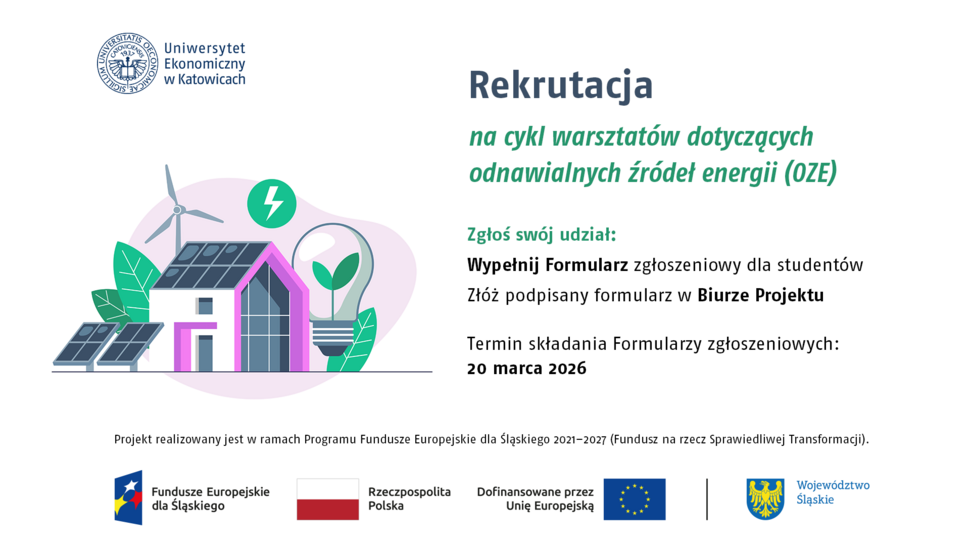 Plakat informujący o rekrutacji na cykl warsztatów dotyczących odnawialnych źródeł energii (OZE). Aby wziąć udział, należy wypełnić formularz zgłoszeniowy dla studentów i złożyć podpisany formularz w Biurze Projektu. Termin składania zgłoszeń: 20 marca 2026. Na plakacie znajdują się logotypy projektu JaTu TyTu, StudijueSlaskie.pl, Funduszy Europejskich dla Śląskiego oraz Unii Europejskiej.