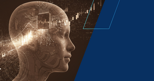 Ilustracja przedstawiająca futurystyczną, półprzezroczystą głowę humanoidalnego robota ukazaną z profilu. Wewnątrz widoczne są obwody elektroniczne, chipy i elementy mechaniczne. Z przedniej części głowy wychodzą świetliste linie i wykresy przypominające dane analityczne. Po prawej stronie znajduje się jednolite, ciemnoniebieskie tło z geometrycznymi liniami.