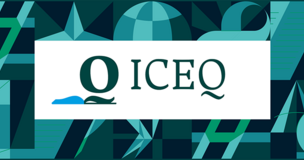 Grafika promocyjna ICEQ, przedstawia wzory geometryczne i logo kongresu z nazwą ICEQ w centralnej części grafiki. Dominują odcienie czerni, bieli i zieleni. 