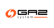 Logo firmy GAZ-SYSTEM składające się z pomarańczowego symbolu graficznego oraz czarnego napisu GAZ-SYSTEM