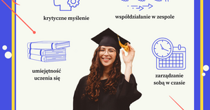 Kwadratowy obrazek z fioletowo-żółtą ramką. Na białym tle absolwentka uczelni w todze.