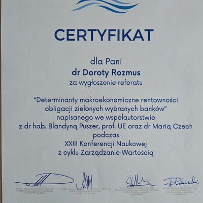 Certyfikat uczestnictwa dr Rozmus w XXIII Konferencji Naukowej „Zarządzanie Wartością”