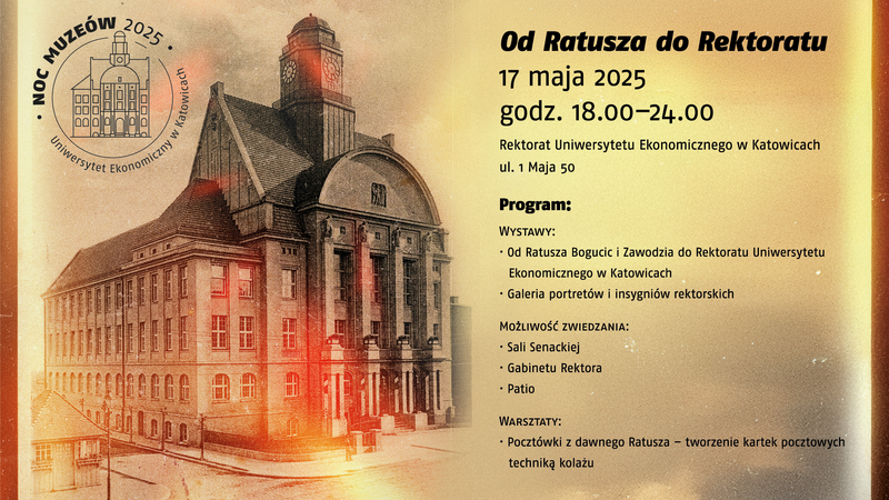 Plakat wydarzenia „Noc Muzeów 2025” organizowanego przez Uniwersytet Ekonomiczny w Katowicach. Po lewej stronie widnieje stylizowane zdjęcie budynku Rektoratu z dawnych lat, a w lewym górnym rogu – okrągłe logo wydarzenia z rysunkiem gmachu uczelni. Po prawej stronie umieszczono szczegóły wydarzenia: tytuł „Od Ratusza do Rektoratu”, data 17 maja 2025, godziny 18:00–24:00 oraz adres (ul. 1 Maja 50). Program obejmuje wystawy, możliwość zwiedzania wybranych wnętrz uczelni i warsztaty tworzenia kartek pocztowych metodą kolażu.