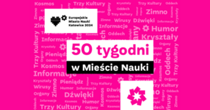 Obrazek wyróżniający, po górny lewy róg logotyp EMNK, prawy dolny róg logo EMNK, na środku napis: 50 Tygodni w Mieście Nauki. Grafika w kolorze różowo - białym sukcesywnie