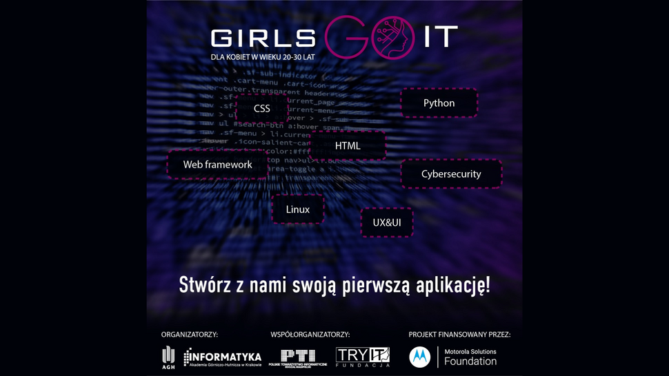 Grafika promująca projekt „Girls Go IT” dla kobiet w wieku 20–30 lat. W tle widoczny jest rozmyty kod komputerowy w odcieniach fioletu i granatu. Na środku znajdują się etykiety z nazwami zagadnień technologicznych: „CSS”, „HTML”, „Web framework”, „Linux”, „Python”, „Cybersecurity”, „UX&UI”. Na dole widnieje hasło: „Stwórz z nami swoją pierwszą aplikację!”. Pod grafiką umieszczone są logotypy organizatorów i partnerów: AGH, Informatyka AGH, PTI, Fundacja TRY IT oraz Motorola Solutions Foundation jako finansujący projekt.