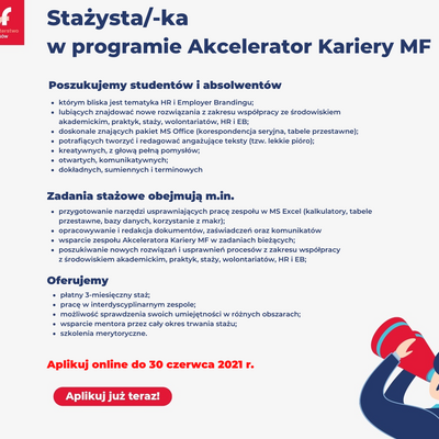 Obrazek przedstawia plakat zapraszający do odbycia stażu