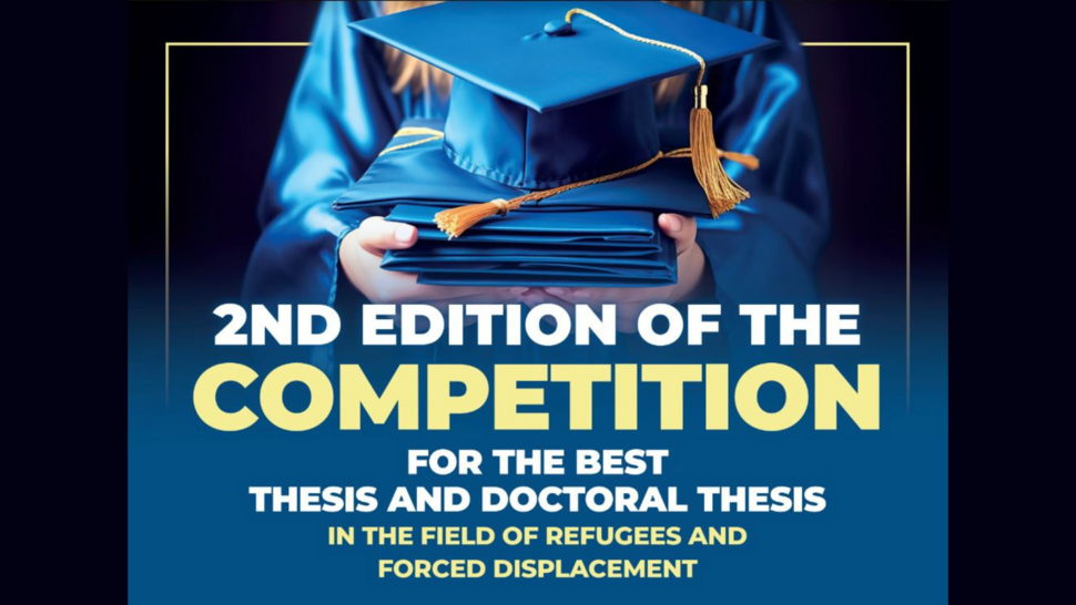 Blue and black graphic promoting the 2nd edition of a doctoral thesis competition related to refugee studies.