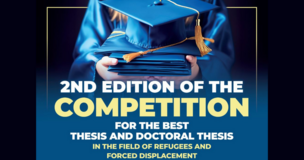 Blue and black graphic promoting the 2nd edition of a doctoral thesis competition related to refugee studies.