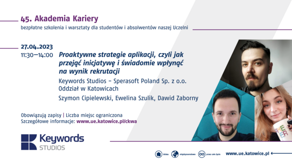 Zdjęcie przedstawia prowadzących oraz tematykę szkolenie organizowanego w ramach 45. Akademii Kariery