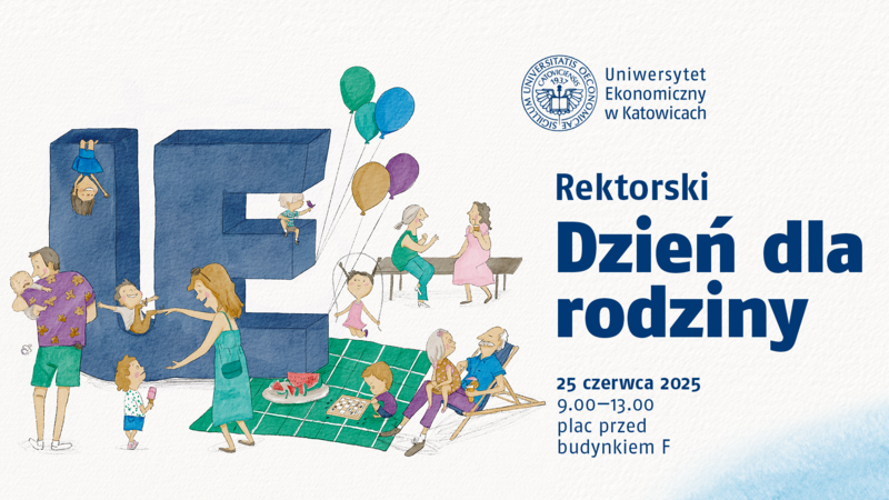 Ilustracja promująca wydarzenie „Rektorski Dzień dla Rodziny” organizowane przez Uniwersytet Ekonomiczny w Katowicach. Na obrazku widoczne są postacie dorosłych i dzieci bawiących się wspólnie na pikniku, przy dużych literach „UE” symbolizujących uczelnię. Dzieci wspinają się i bawią na literach, inne jedzą lody, grają w gry planszowe i trzymają balony. W tle dorośli rozmawiają i odpoczywają na kocu i leżakach. Po prawej stronie umieszczono szczegóły wydarzenia: 25 czerwca 2025, godz. 9:00–13:00, plac przed budynkiem F.