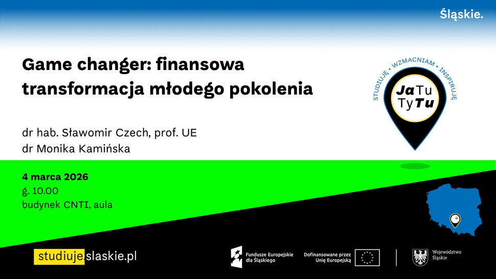 Plakat promujący wydarzenie pt. "Game changer: finansowa transformacja młodego pokolenia", które odbędzie się 4 marca 2026 roku o godzinie 10:00 w budynku CNTI, aula. Wykłady poprowadzą dr hab. Sławomir Czech, prof. UE oraz dr Monika Kamińska. Na dole plakatu widnieją logotypy Funduszy Europejskich, Województwa Śląskiego oraz strony internetowej studiujeślaskie.pl.