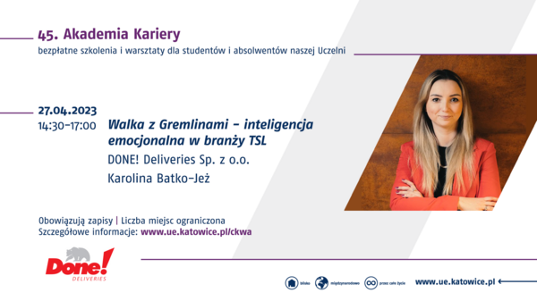 Zdjęcie przedstawia prowadzących oraz tematykę szkolenie organizowanego w ramach 45. Akademii Kariery