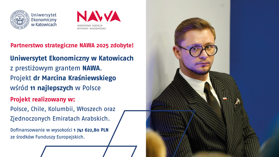 Grafika informuje o zdobyciu przez Uniwersytet Ekonomiczny w Katowicach strategicznego partnerstwa NAWA 2025 oraz prestiżowego grantu w wysokości 1 741 622,80 zł ze środków Funduszy Europejskich. Projekt dr. Marcina Kraśniewskiego znalazł się wśród 11 najlepszych projektów w Polsce i jest realizowany w Polsce, Chile, Kolumbii, Włoszech oraz Zjednoczonych Emiratach Arabskich. Po prawej stronie grafiki znajduje się fotografia mężczyzny w okularach i garniturze z biało-czerwoną przypinką.