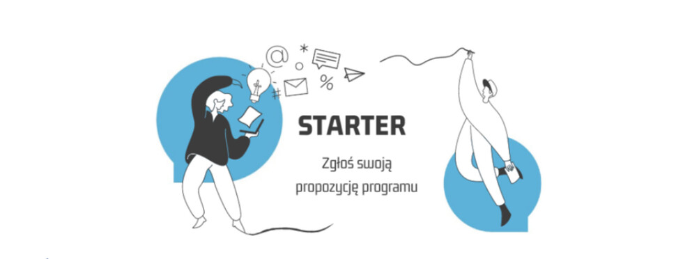 Obrazek przedstawia grafikę promującą program starter, w formie uproszczonego  rysunku dwóch postaci umieszczonych na niebieskich dymkach (czatu).