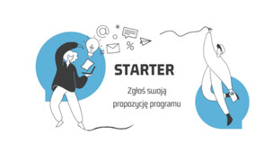 Obrazek przedstawia grafikę promującą program starter, w formie uproszczonego  rysunku dwóch postaci umieszczonych na niebieskich dymkach (czatu).