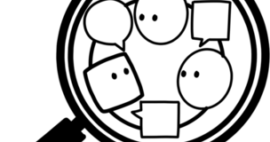 Czarno-biała grafika prezentująca lupę, a w niej dymki czatu i twarze zwrócone w swoją stronę. 