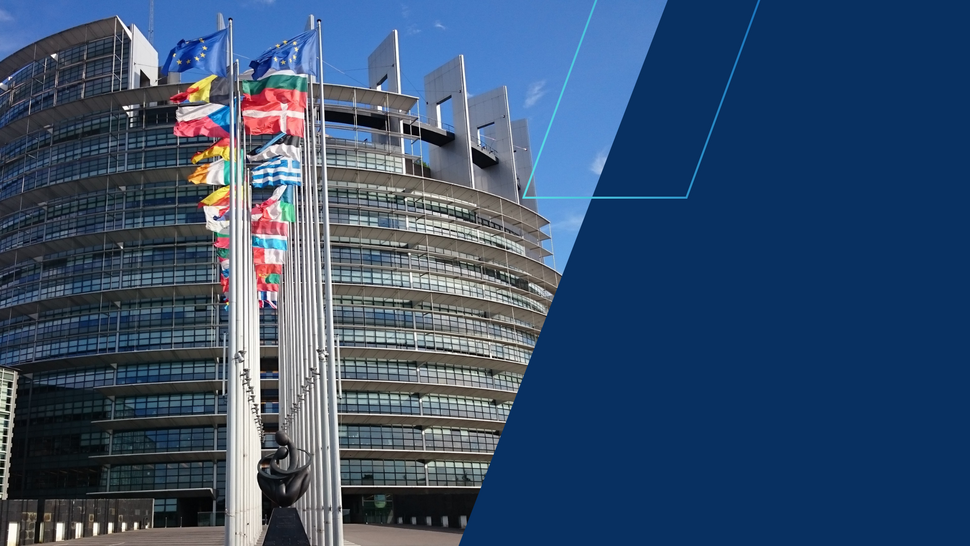 Budynek Parlamentu Europejskiego z masztami flag Unii Europejskiej i państw członkowskich na pierwszym planie; nowoczesna, przeszklona fasada pod błękitnym niebem, po prawej stronie granatowy element graficzny.