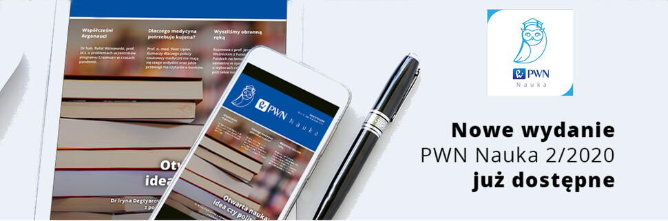 Obrazek przedstawia tablet z wyświetlona wersją e-czasopisma oraz logo PWN w odcieniach niebieskiego zawierające rysunek sowy oraz litery PWN.