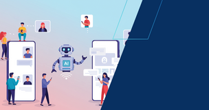 Ilustracja przedstawiająca ludzi korzystających ze smartfonów i komunikujących się z robotem z symbolem „AI” na klatce piersiowej. W tle widać duże ekrany smartfonów z oknami czatu i ikonami profili. Po prawej stronie znajduje się granatowy obszar graficzny z geometrycznym elementem w jasnym odcieniu niebieskiego.