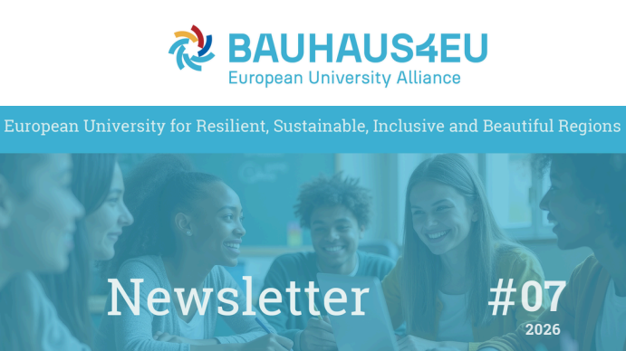 BAUHAUS4EU Newsletter #07 (2026) cover with students collaborating and alliance branding.