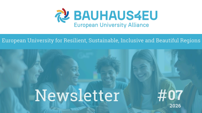 BAUHAUS4EU Newsletter #07 (2026) cover with students collaborating and alliance branding.