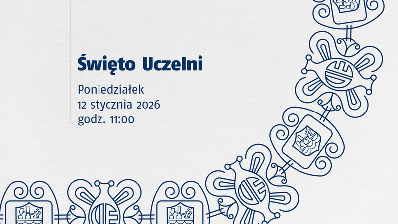 Grafika promocyjna Uniwersytetu Ekonomicznego w Katowicach. Na jasnym tle widoczny napis »Święto Uczelni«. Po prawej stronie dekoracyjny, falujący pas z granatowymi ornamentami i symbolami nawiązującymi do identyfikacji wizualnej uczelni.
