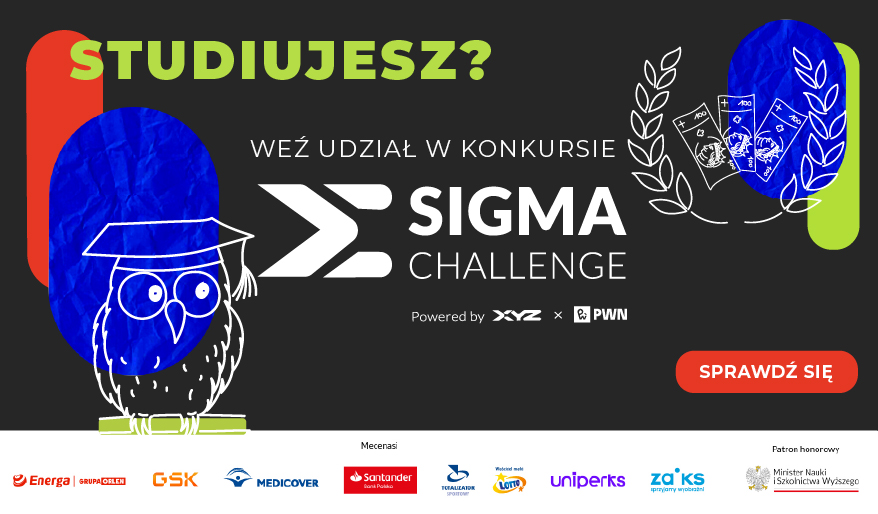 Plakat promujący konkurs „Sigma Challenge”. Na ciemnym tle widnieje duży napis „Studiujesz?” oraz hasło „Weź udział w konkursie Sigma Challenge”. Po lewej stronie znajduje się ilustracja sowy w czapce absolwenta, a po prawej grafika z kartami i wieńcem laurowym. Na dole widoczne są logotypy partnerów i sponsorów, a po prawej czerwony przycisk z napisem „Sprawdź się”.