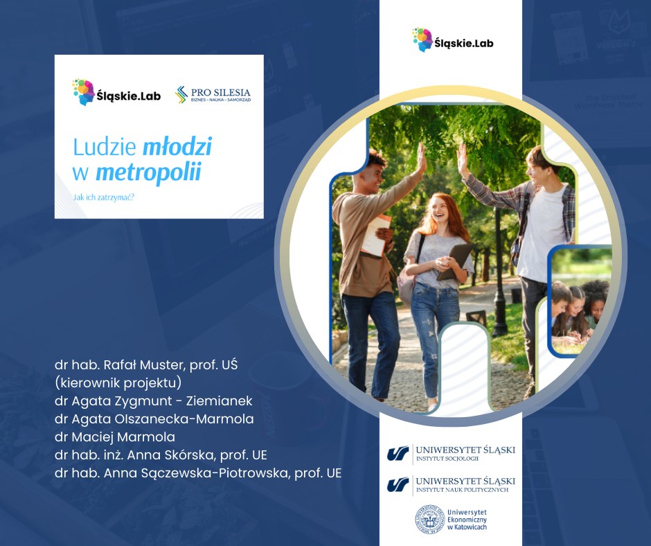 Okładka przedstawia badanie dotyczące młodych mieszkańców metropolii, z centralnym zdjęciem trojga młodych osób oraz logotypami Śląskie.Lab i Pro Silesia. Granatowo-biała kompozycja zawiera informacje o autorach z Uniwersytetu Śląskiego, Instytutu Socjologii i Instytutu Nauk Politycznych oraz z Uniwersytetu Ekonomicznego w Katowicach. 