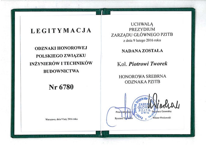 Srebrna Odznaka Honorowa PZITB dla pracownika Uczelni