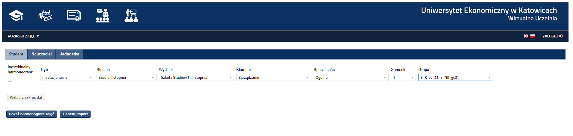 Generowanie planu zajęć w Wirtualnej Uczelni