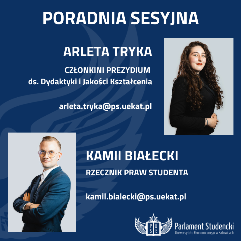 grafika przedstawiająca chłopaka i dziewczynę oraz treść "Poradnia Sesyjna, Rzecznika Praw Studenta: kamil.bialecki@ps.uekat.pl,