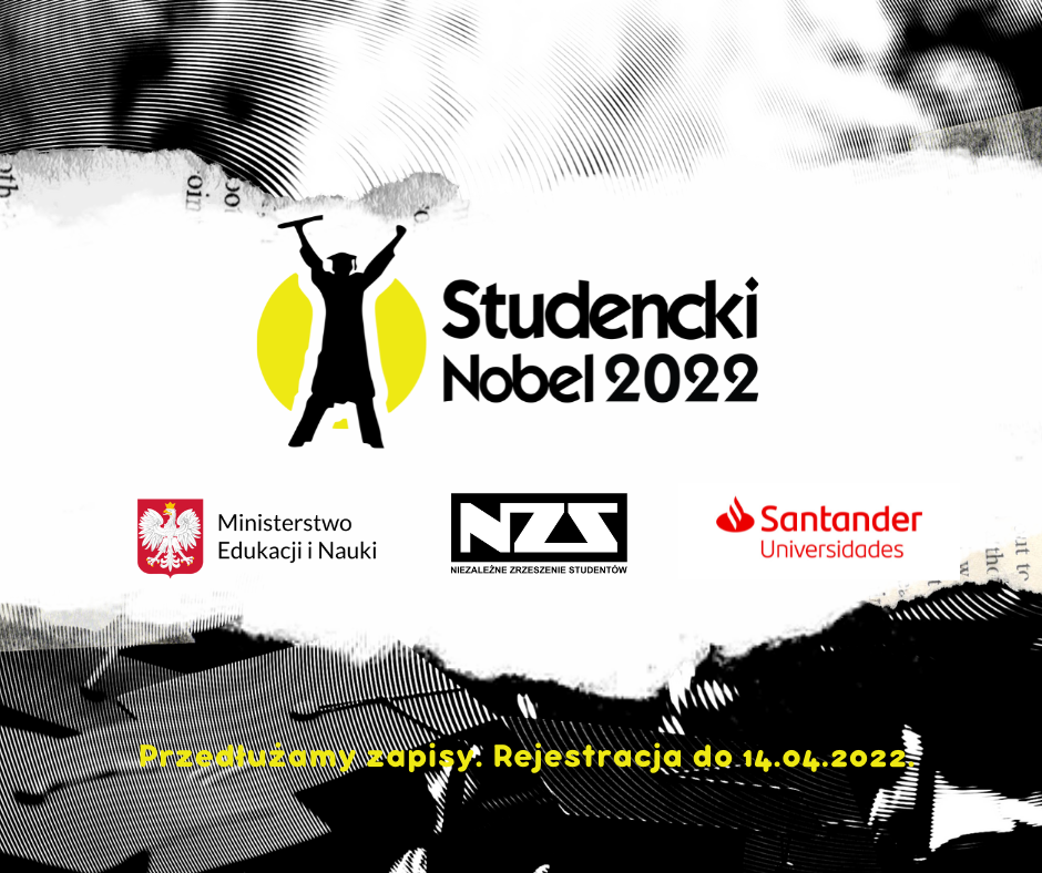 napis "Uwaga" na biało czarnym tle, poniżej logo Santander, NZS, Studencki Nobel