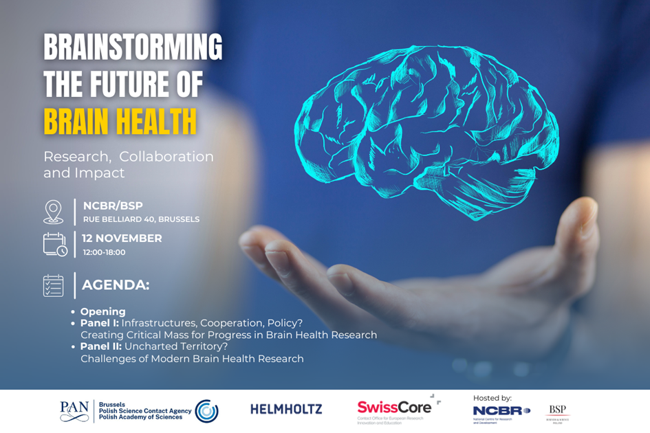 Stylized glowing brain illustration in a digital hand promoting a seminar on brain health research and innovation.