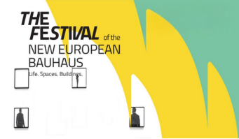 Promotional graphic for the New European Bauhaus Festival with abstract yellow and green shapes.