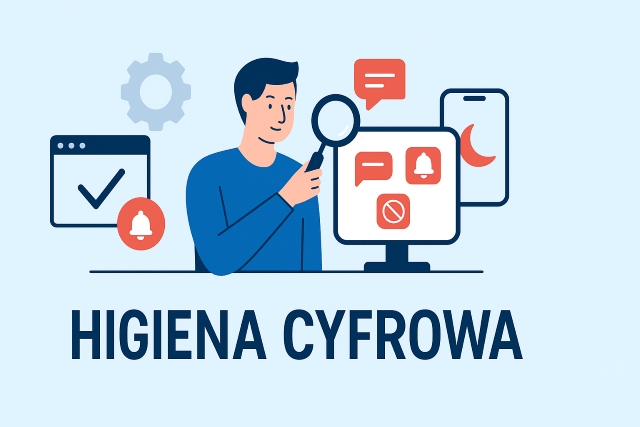 Na niebieskim tle grafiki komputera, telefonu, tableta