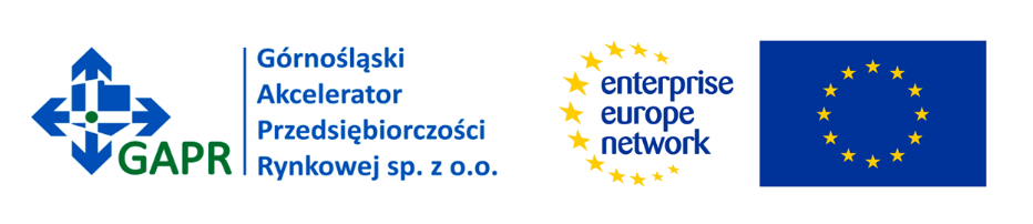 logotypy Górnośląski Akcelerator Przedsiębiorczości Rynkowej sp. z o.o.  oraz Enterprise Europe Network South Poland