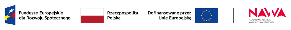 Logotypy Funduszy Europejskich dla Rozwoju Społecznego, Rzeczypospolitej Polskiej i Unii Europejskiej oraz logo Narodowej Agencji Wymiany Akademickiej (NAWA), z informacją o dofinansowaniu przez Unię Europejską.